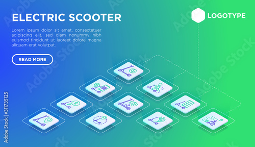 Electric scooter web page template with thin line isometric icons: sharing service, mobile app, QR code, parking, helmet, eco transport, pointer. Modern vector illustration.