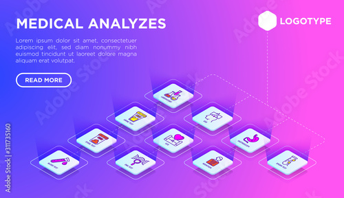 Medical analyzes web page template with thin line isometric icons: blood test, urine test, stool, ECG, mammography, sperm, DNA, ultrasound, EEG, X-ray. Vector illustration for laboratory or clinic.