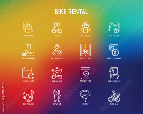 Bike rental thin line icons set: rates, bicycle tours, pet trailer, padlock, helmet, child seat, sharing, pointer, deposit, mobile app, cycling route. Modern vector illustration.