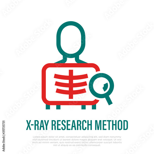 X-ray medical test thin line icon. Man with x-ray image and magnifier. Radiological research. Vector illustration.