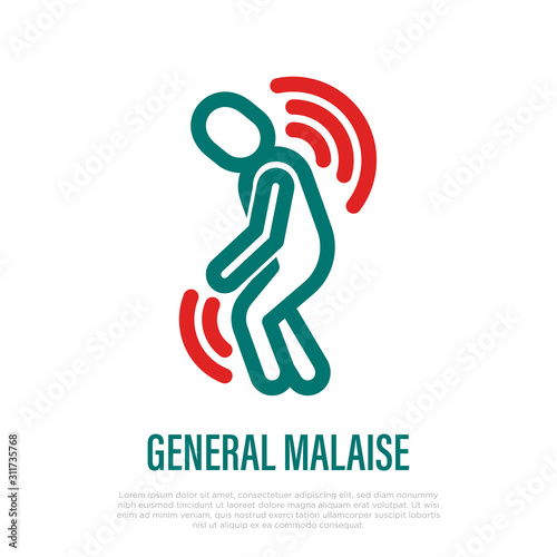 General malaise thin line icon, first sign of illness or infection. Tiredness, depression, feeling of discomfort. Burnout syndrome. Vector illustration.