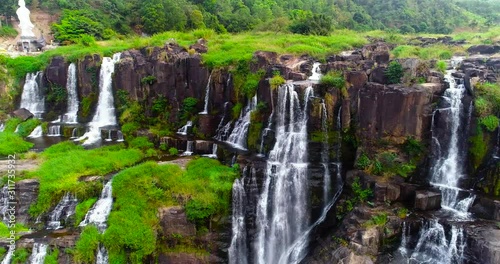 Aerial shooting of beautiful Pongour waterfall in Vietnam, Da lat city.Drone view for amazing vietnamese landscape.