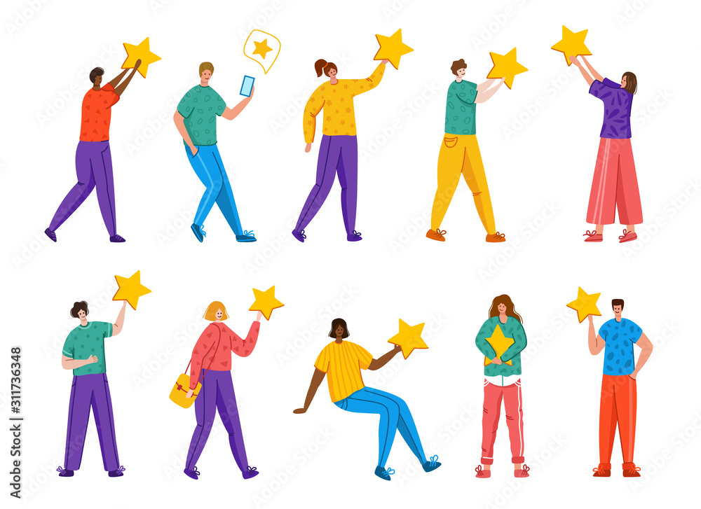 People with stars - Client feedback or review concept, online service evaluation, happy customers and their feedback, flat modern people and rating stars, smiles, likes, men and women, Vector