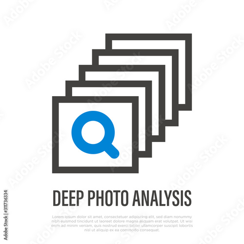 Deep photo analysis thin line icon. Stack pf photos with magnifier, Mobile technology. Artificial Intelligence for optimization quality of photograph. Vector illustration.