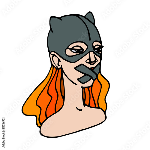 a young, cute, redhead girl in a cat mask with gag mouth, feminist protest performance, color vector illustration of black contour lines isolated on a white background in Doodle and hand drawn style
