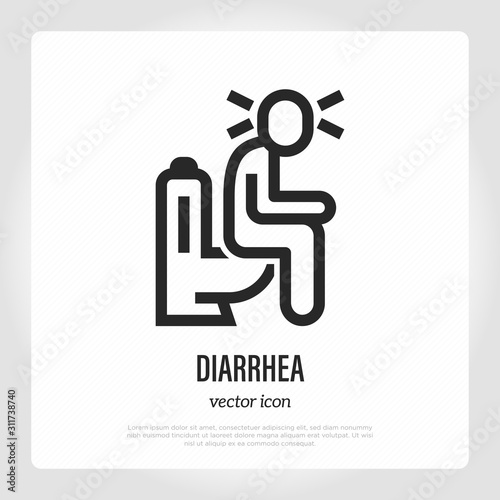 Diarrhea: man sitting in toilet and feeling pain. Thin line icon. Stomachache, hemorrhoids. Vector illustration.