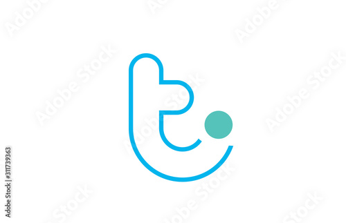 letter t logo line alphabet design icon in blue and green for business with dot