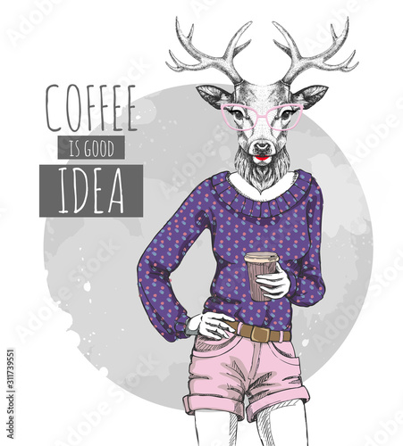 Retro Hipster fashion animal deer with coffee. Woman model