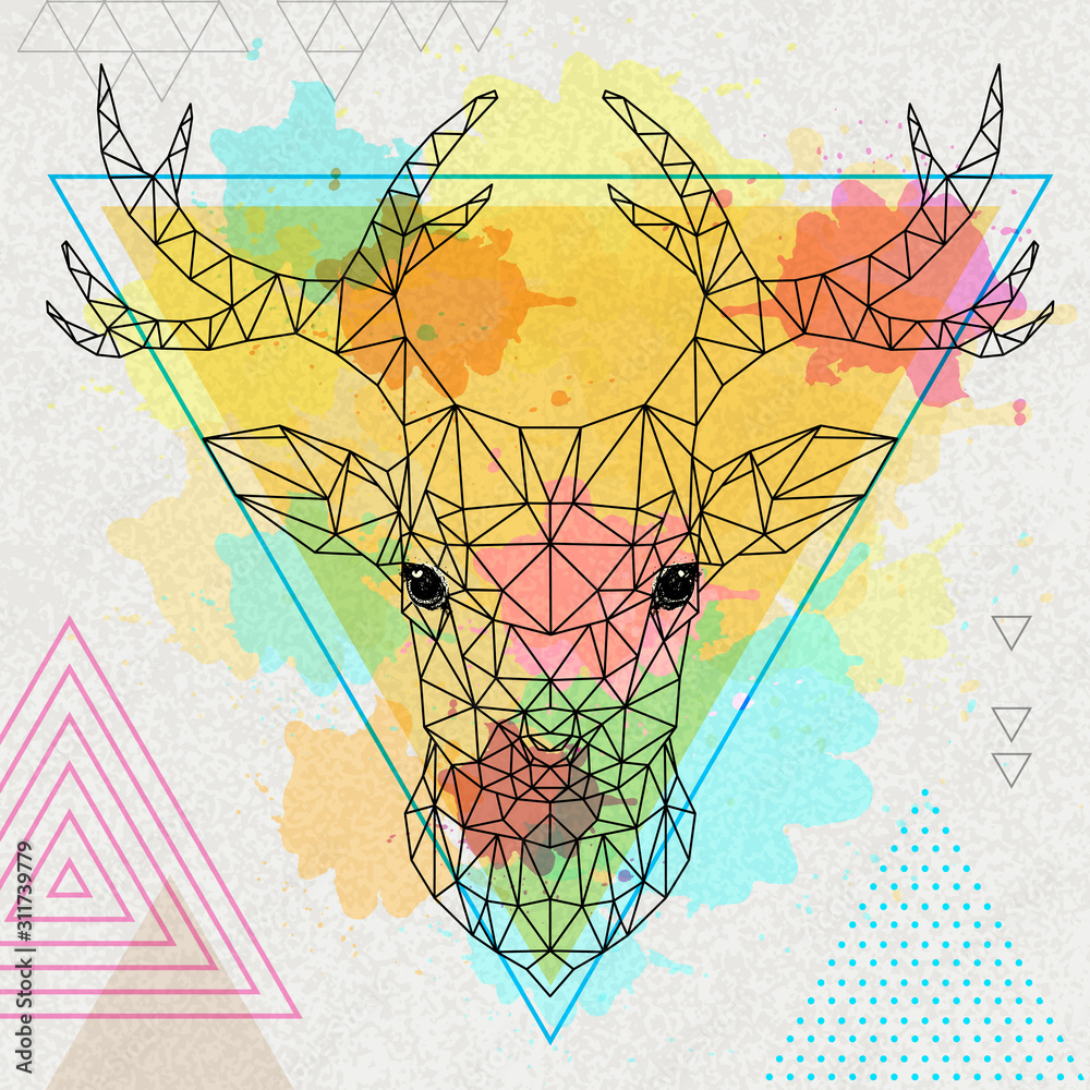 Obraz Hipster polygonal animal deer on artistic watercolor background