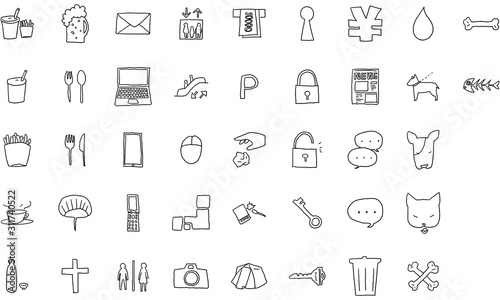 手描きアイコンセット　40　食事とパソコン他