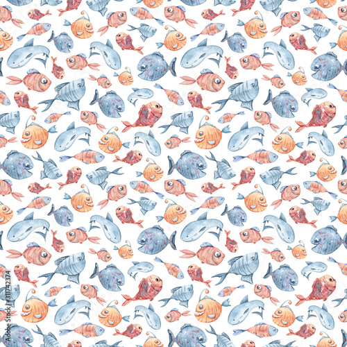 Watercolor hand painted sea life set. Seamless pattern with funny cartoon shark and fish on white background. Can be used for a poster, printing on fabric., scrapbooking, wrapping paper
