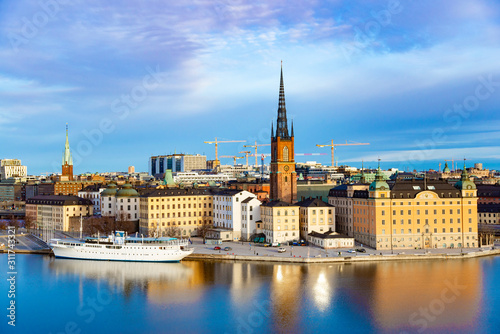 Photography Aerial panoramic view of Riddarholmen with Church and swedish gothic buildings,