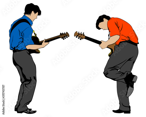 Two guitarists play at a concert. Silhouettes of musicians on a white background
