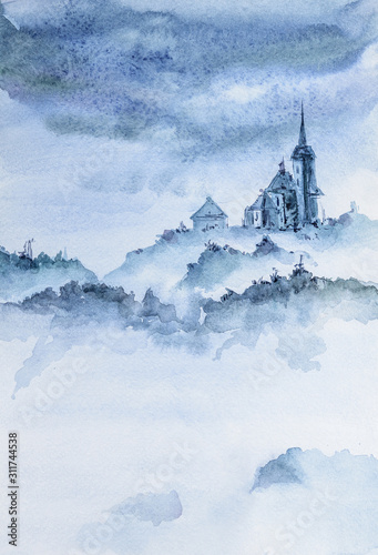 Watercolor hand painted landscape. Forest and church