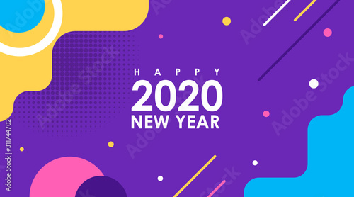 Modern Flat Banner of Happy New Year 2020 in Memphis Design