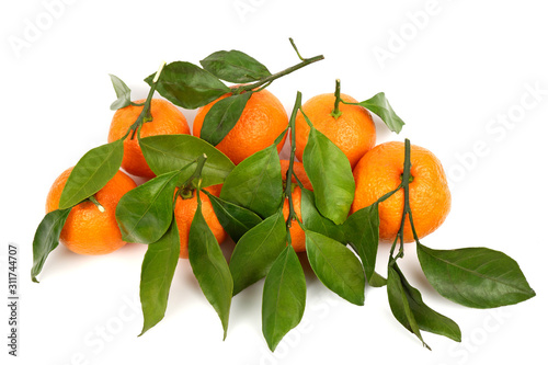 Bunch of ripe juicy orange tangerines with leaves isolated on white background.