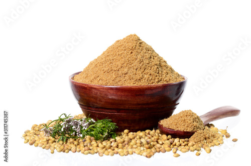 Coriander seeds, Fresh Coriander and Powdered coriander isolated on white background.