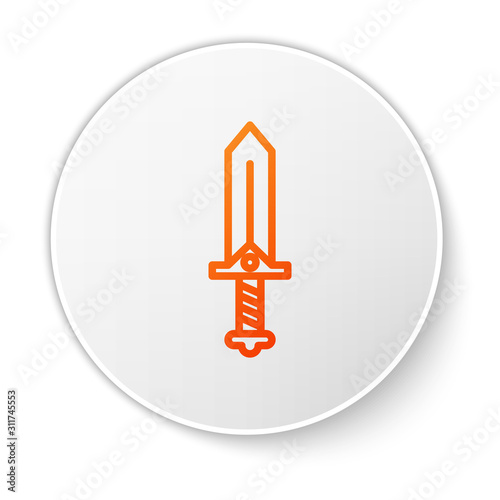 Orange line Sword for game icon isolated on white background. White circle button. Vector Illustration