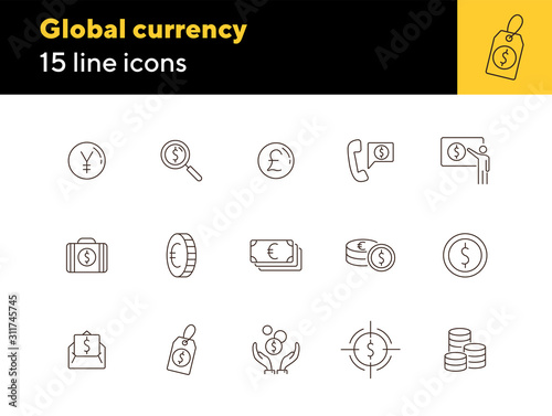 Global currency line icon set