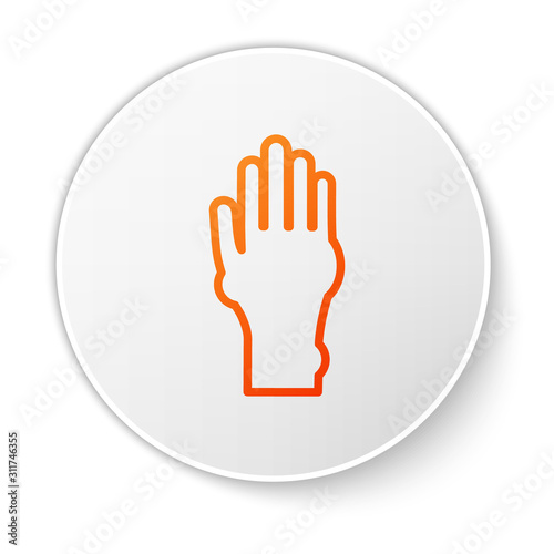 Orange line Hand with psoriasis or eczema icon isolated on white background. Concept of human skin response to allergen or chronic body problem. White circle button. Vector Illustration