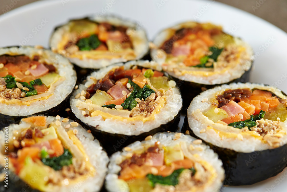 Gimbap, Korean rice rolls on plate 