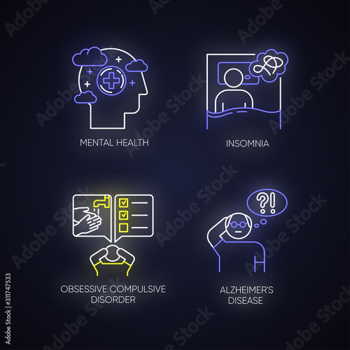 Mental disorder neon light icons set. Insomnia and sleep deprivation. Obsessive-compulsive syndrome. Alzheimer's disease. Dementia from old age. Glowing signs. Vector isolated illustrations