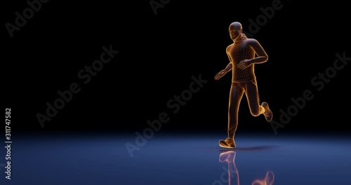 3D rendered animation of a man with glowing orange wireframe and edges jogging on blue reflected floor. Concept of technology in sports. Copy Space available.