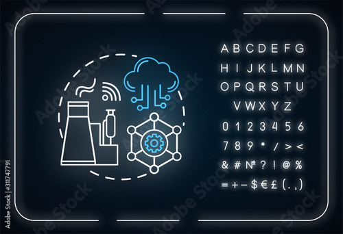 Industrial IoT neon light concept icon. Manufacturing automatization idea. Industrial internet. Modern technologies. Smart industry. Glowing sign with alphabet, symbols. Vector isolated illustration