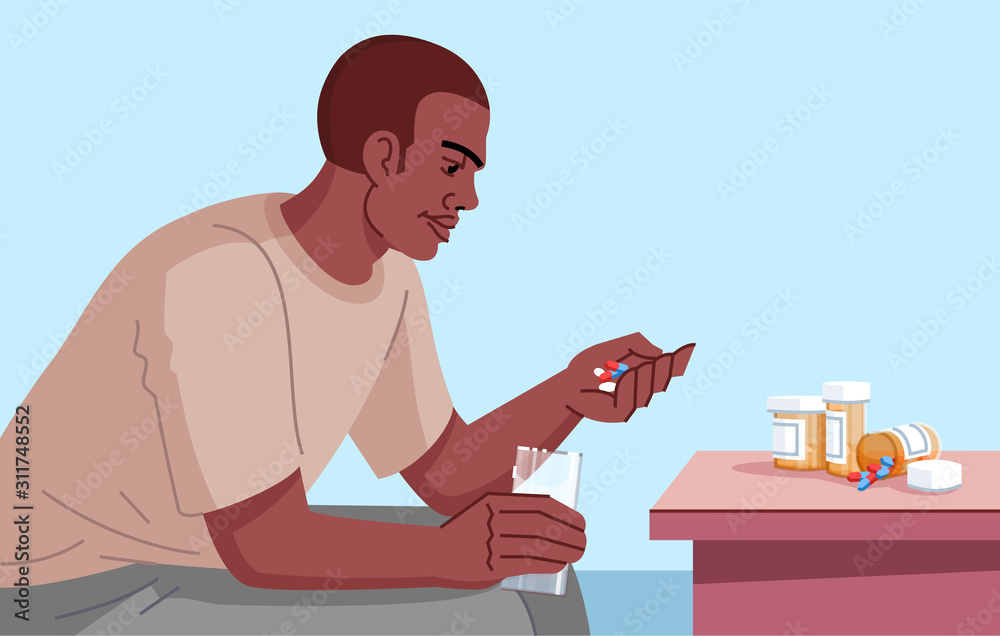 Drug addicted man flat vector illustration. Chronic pain medication. Mental illness. Dependence to psychotropic substances. Opiate use. Young man going to take pills cartoon character