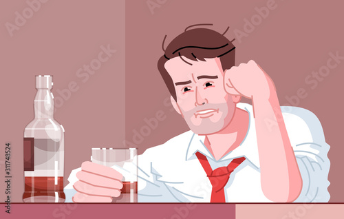 Male alcoholic flat vector illustration. Alcohol dependence. Alcoholism habitual. Hide from problems with whiskey. Sad, tired, drunk caucasian man holding glass of booze cartoon character