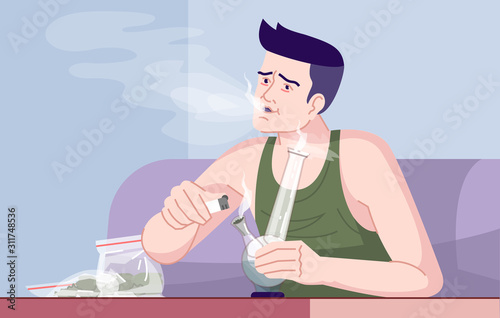 Weed smoker flat vector illustration. Cannabis addiction. Narcomania. Effects on psychology. Human weakness. Adult caucasian man smoking marijuana with bong on sofa cartoon character