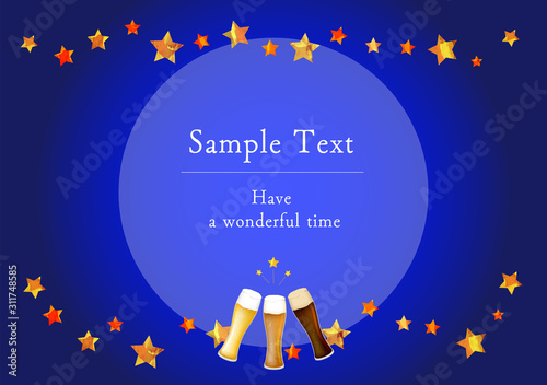 フレーム_枠_夜空_生ビール_黒ビール_地ビール_グラス_ベクター_イラスト_お酒_アルコール