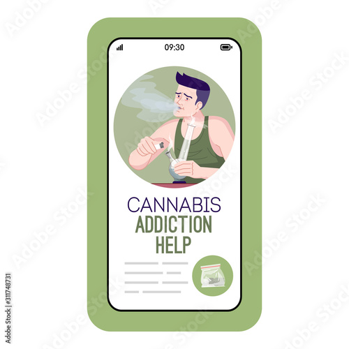 Cannabis addiction help cartoon smartphone vector app screen. Mobile phone display with flat character design mockup. Stop smoking soft drugs application telephone interface