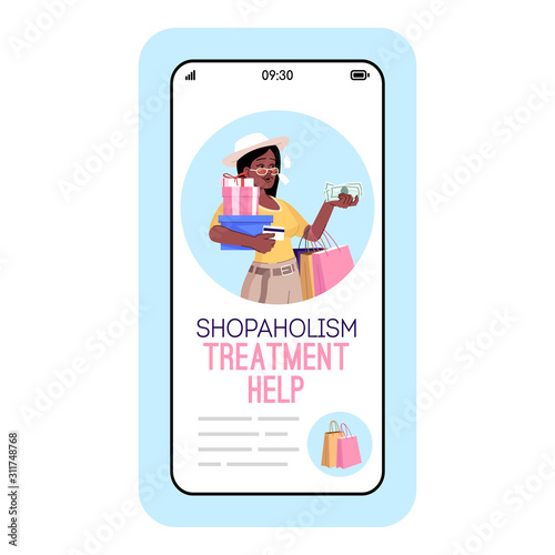 Shopaholism treatment help cartoon smartphone vector app screen. Mobile phone displays with flat character design mockup. Addiction to shopping overcoming support application telephone interface