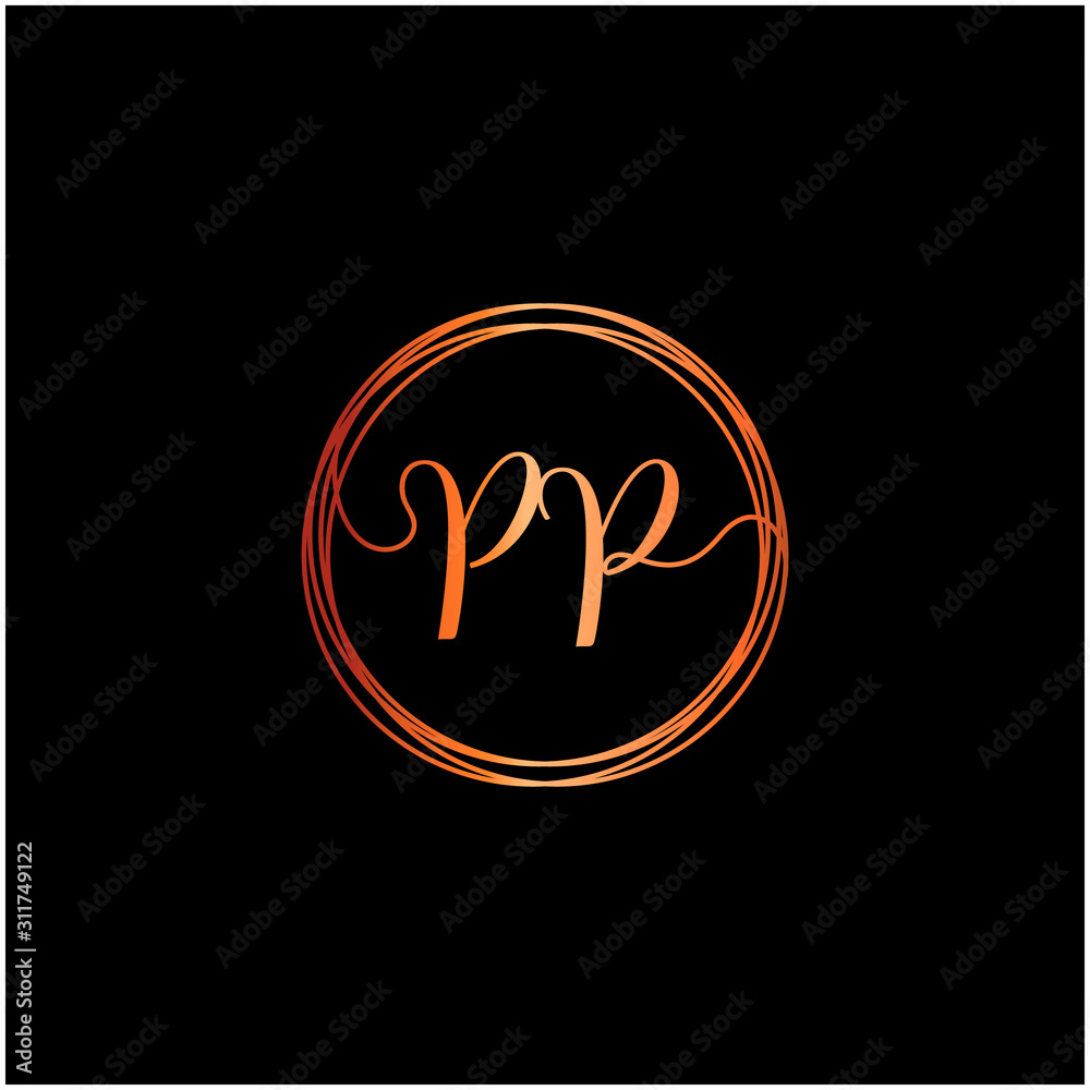 Obraz premium pierwsza litera PP odręcznie z szablonem elementu koła. Kreatywna moda lub odzież uroda. Początkowe logo imienia pary w stylu rysunku odręcznego dla koncepcji małżeństwa - wektor