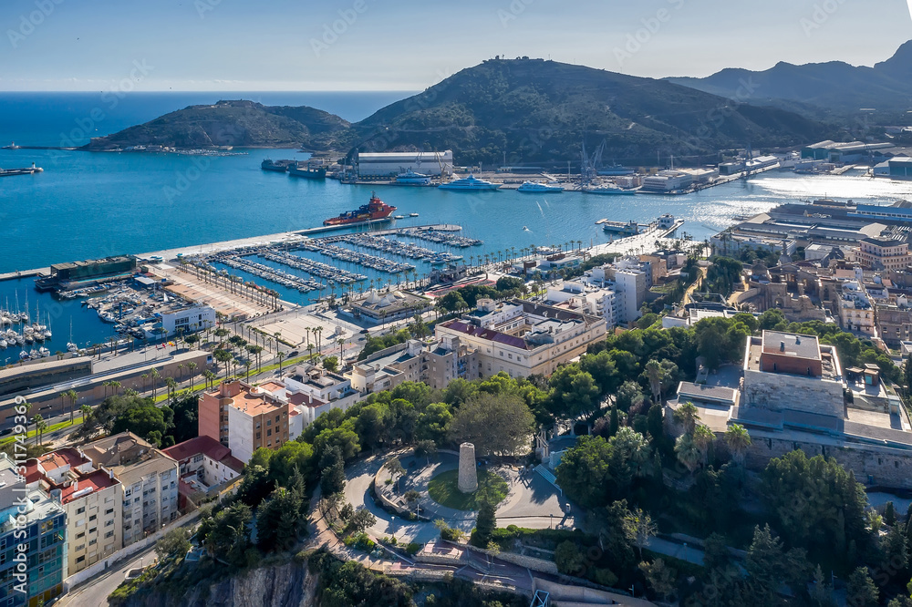 Aerial view of the bay with yachts in the city of Cartagena Spain