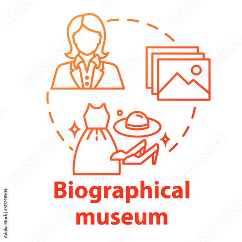 Biographical museum concept icon. Cultural materials exposition. Clothes and belongings display. Famous person history exhibition idea thin line illustration. Vector isolated outline drawing