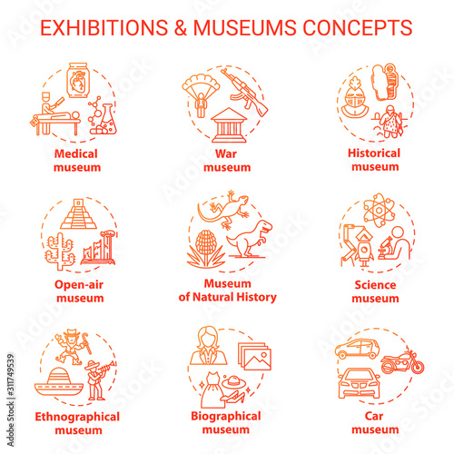Museum exhibition concept icons set. Ethnographical and biographical exposition. Natural history. Open-air display idea thin line illustrations. Vector isolated outline drawings. Editable stroke