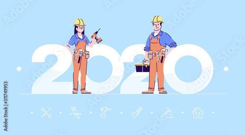 Professions 2020 flat banner vector template. Builders isolated cartoon characters on baby blue. Workers with tools. People in uniform. Banner, brochure page, leaflet design layout, place for text