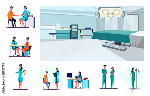 Set of confident lab worker, doctor and nurses. Flat vector illustrations of medical staff with patients. Health care concept for banner, website design or landing web page