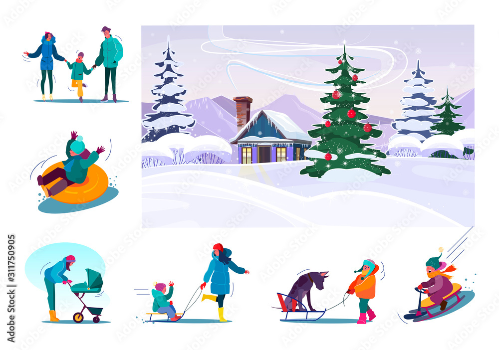 Set of family having fun during winter holidays. Flat vector illustrations of people skating, riding on sledges, laughing. Winter holidays concept for banner, website design or landing web page Set of family having fun during winter holidays. Flat vector illustrations of people skating, riding on sledges, laughing. Winter holidays concept for banner, website design or landing web page