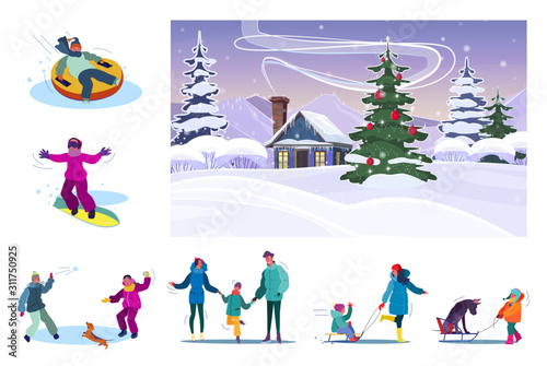 Set of family resting during snowy winter. Flat vector illustrations of people snowboarding, playing snowballs, skating, riding sledge. concept for banner, website design or landing web page