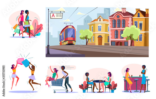 Set of female friends spending time together. Flat vector illustrations of women shopping, fighting with pillows, drinking at cafe. Leisure concept for banner, website design or landing web page