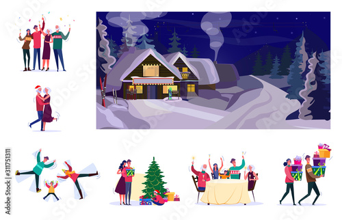 Set of people celebrating Christmas. Flat vector illustrations of people cheering, dancing, presenting gifts. New Year and Christmas concept for banner, website design or landing web page