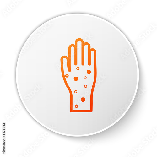Orange line Hand with psoriasis or eczema icon isolated on white background. Concept of human skin response to allergen or chronic body problem. White circle button. Vector Illustration