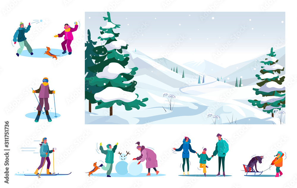 Set of people spending time together during snowy day. Flat vector illustrations of skiing, skating, having fun. Winter leisure concept for banner, website design or landing web page