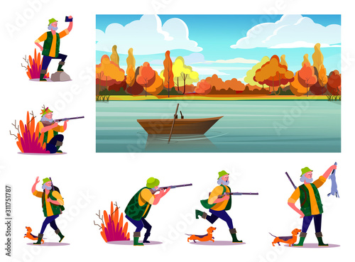 Set of senior huntsman with dog on hunt. Flat vector illustrations of hunter with rifle looking, shooting, taking selfie. Hunt concept for banner, website design or landing web page