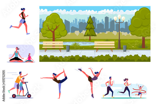 Set of sporty people training. Flat vector illustrations of citizens running, practicing yoga, stretching and skating. Sport concept for banner, website design or landing web page