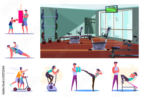 Set of sporty young people training. Flat vector illustrations of sportsmen boxing, doing pushups, exercising on stationary bicycle. Sport concept for banner, website design or landing web page