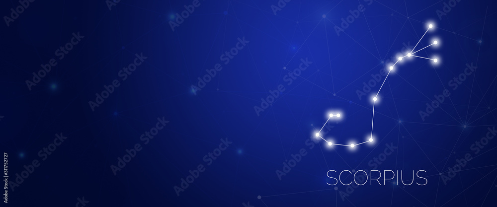 Zodiac constellation of Scorpius in abstract space environment with dots and lines at dark blue background with large copy space. Zodiac constellation of Scorpius in abstract space environment with dots and lines at dark blue background with large copy space.